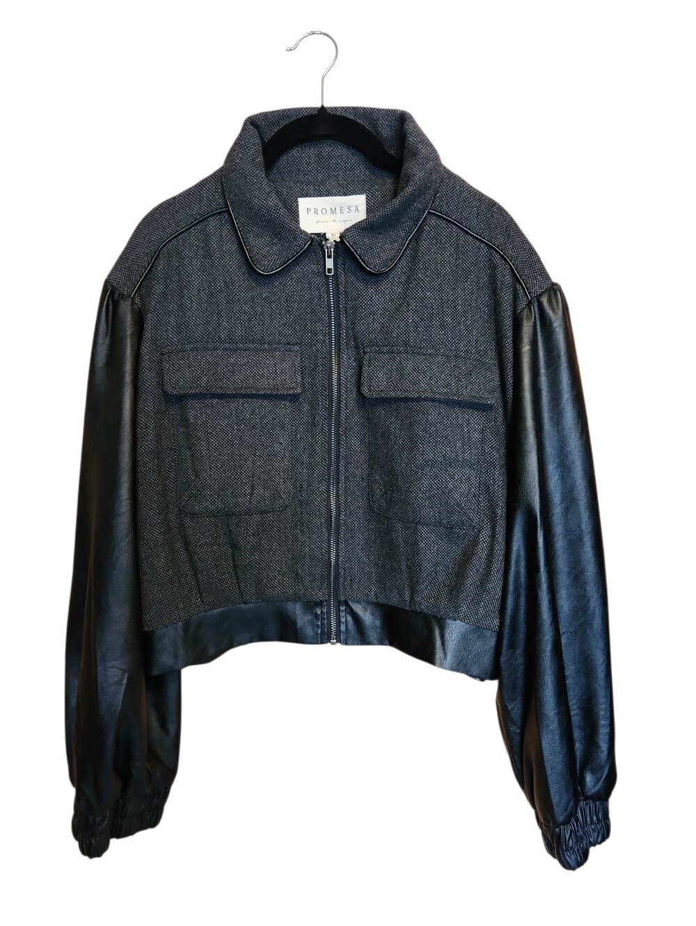 PROMESA CROPPED MOTO UTILITY JACKET FAUX LEATHER SLEEVES GRAY BLACK MEDIUM - Picture 3 of 11